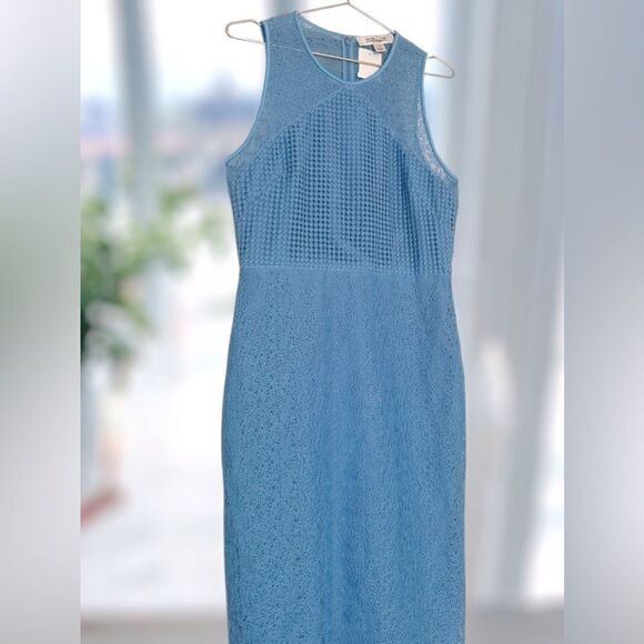 DIANE VON FURSTENBURG DVF Sleeveless Blue Mixed Lace Midi Sheath Dress Size 12 - Picture 13 of 16